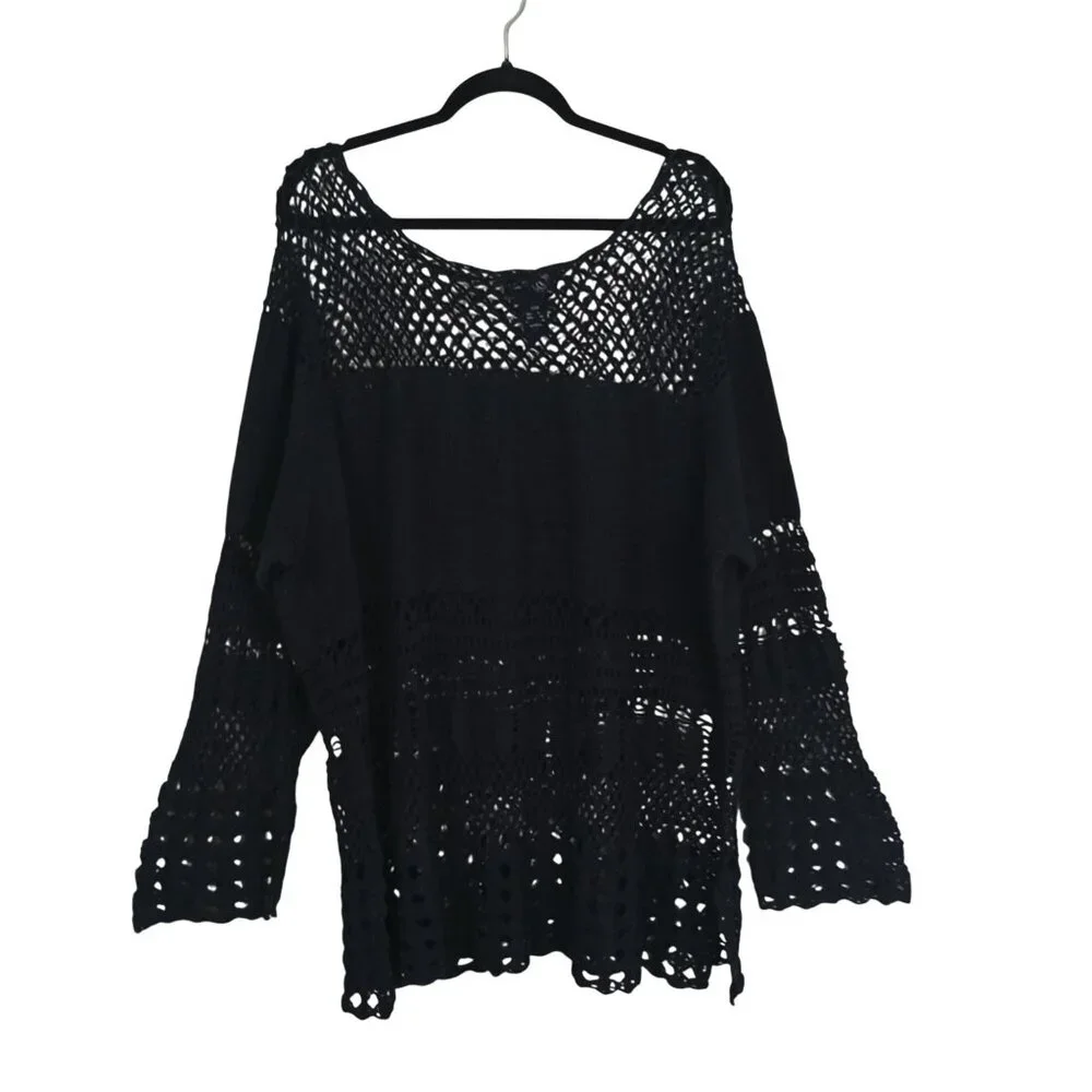 Venezia Jeans Crochet Knit Tunic Top 26/28 Plus Size Boho Bell Sleeves Womens - Picture 2 of 8